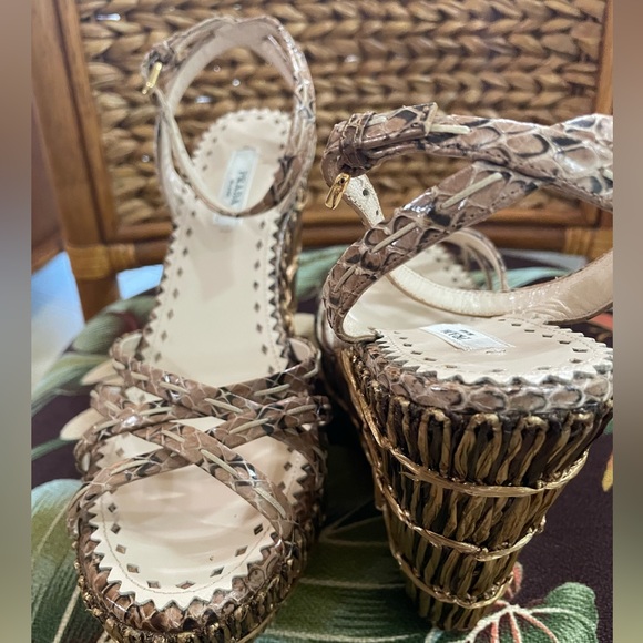 Prada Woven wicker platform wedge with python straps size 37 nwot - Picture 2 of 14